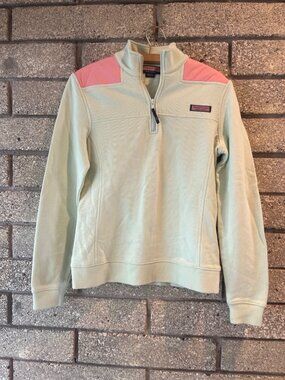 Vineyard Vines Womens Quarter-Zip Pullover In Mint & Coral Cotton Size S